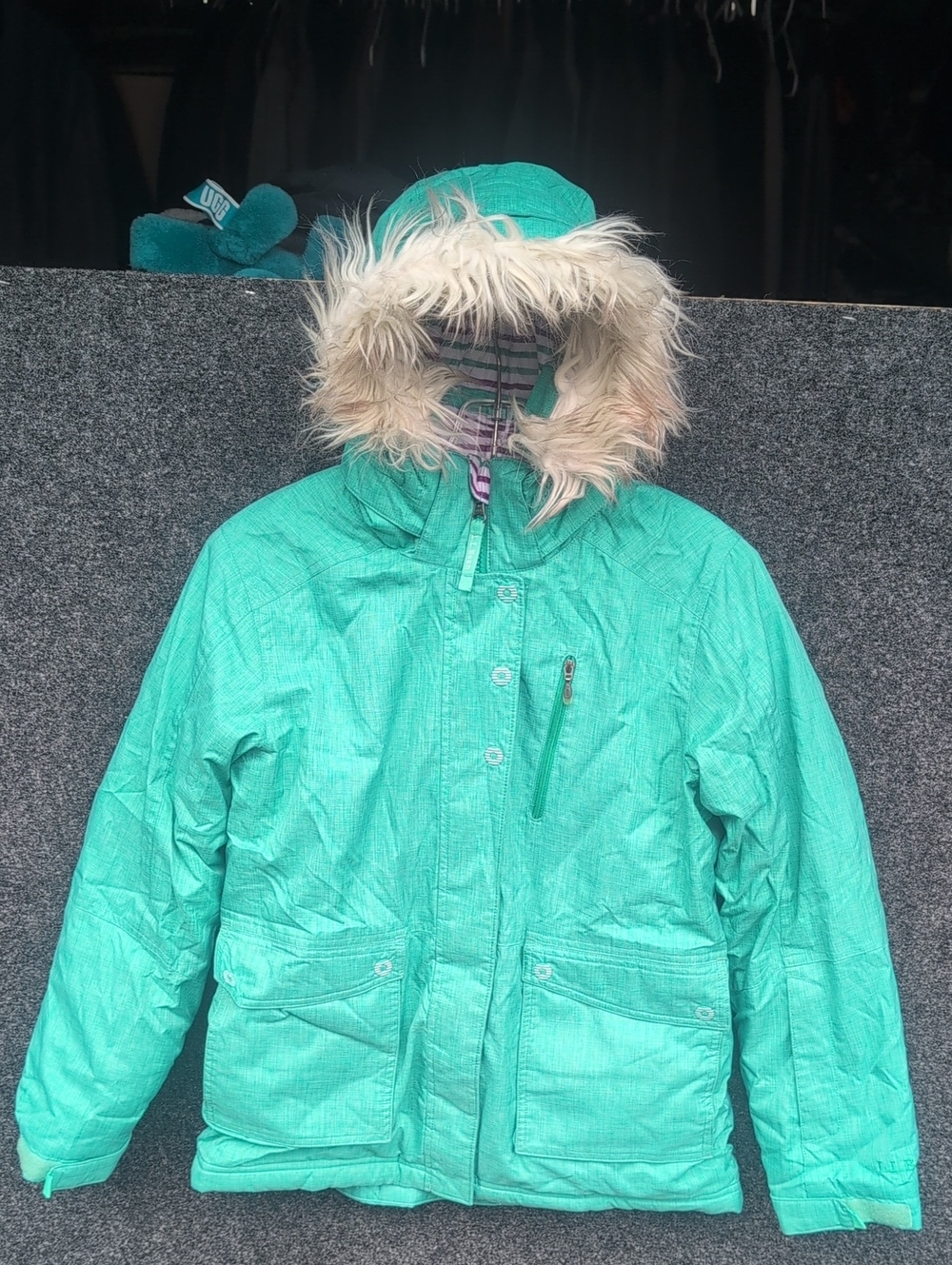 L.L. Bean Teal Hooded Puffer Jacket with Faux-Fur Trim